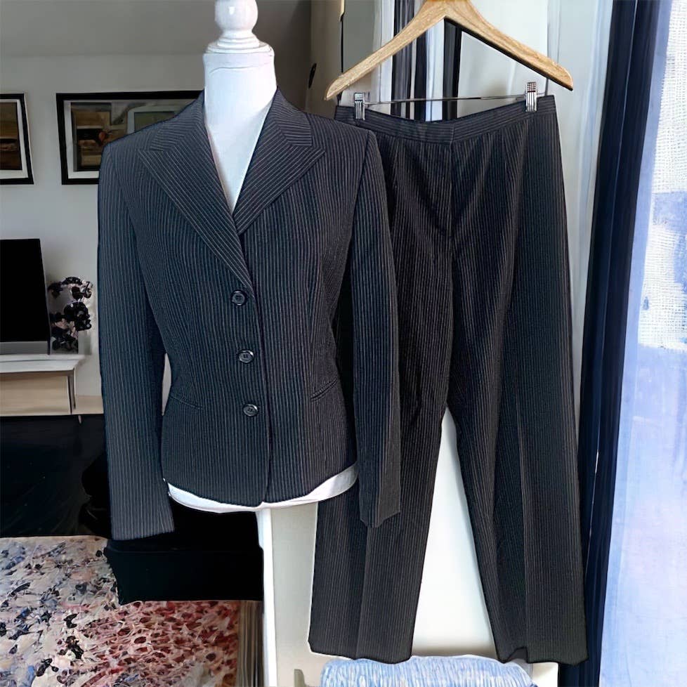 Women's Pinstripe Blazer Coat Jacket & Pant Suit Career Business Black Size